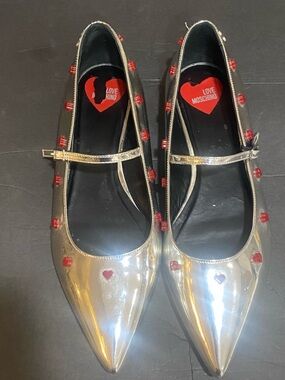 Love Moschino ballet Flat heart charmed silver shoes